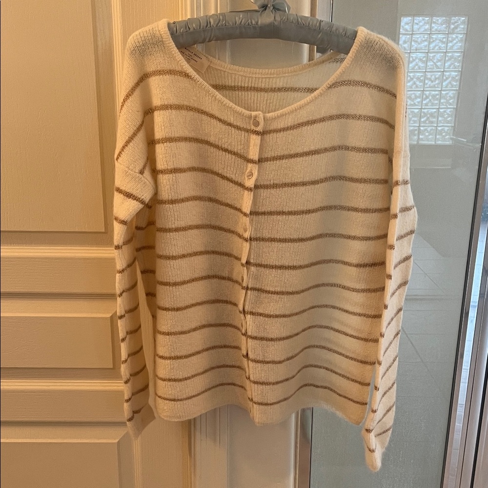 Sezane Cream Striped Button-Up Cardigan with Tan Stripes - Picture 2 of 6
